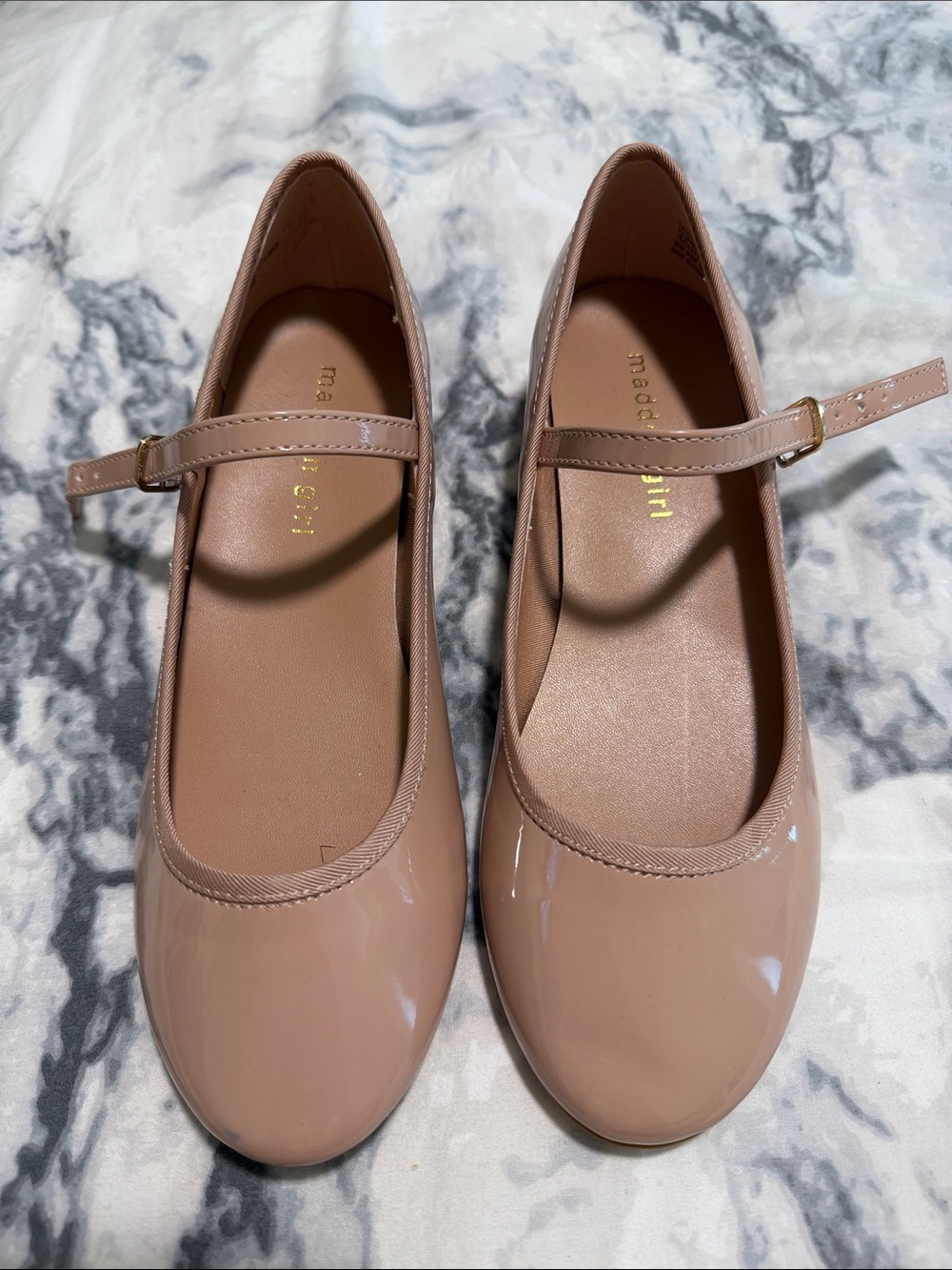 Madden Girl Nude Patent Mary Jane Flats with Gold Buckle